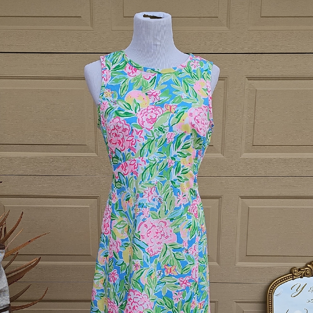 Lilly Pulitzer Sleeveless Floral A-Line Midi Dress in Pink, Green & Blue